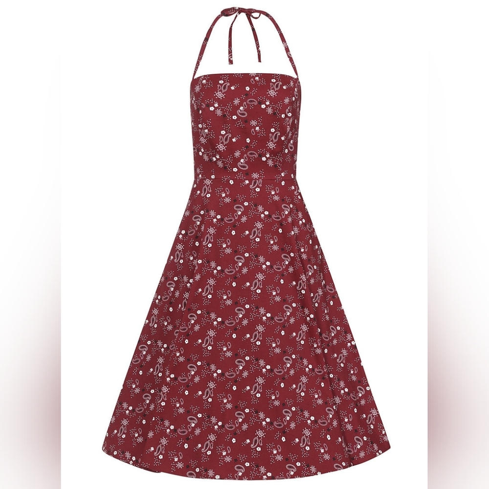 Red Halter Neck Dress with White Floral Pattern